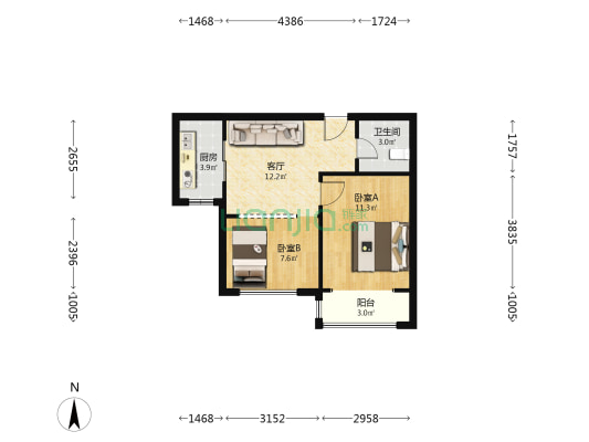 华北家园 2室1厅1卫 60平方