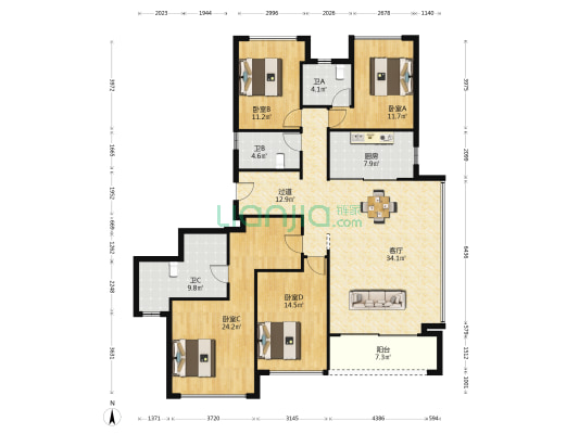 绿城桂冠东方四区 4室1厅3卫 162平方