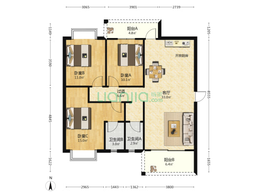 大汇高铁三号 3室1厅2卫 117平方