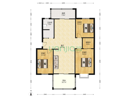 港利绿园 3室1厅1卫 132平方