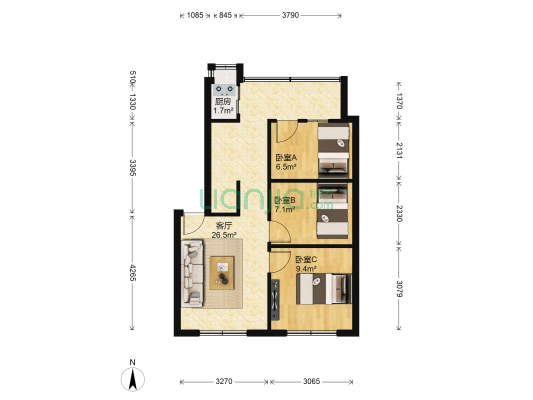 铁路五村 3室1厅0卫 61平方