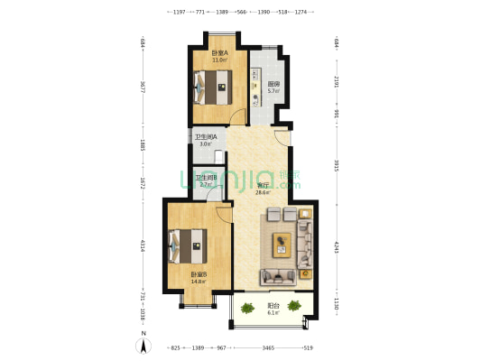 洪城财满街 2室1厅2卫 93平方