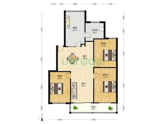 金点花园 3室2厅1卫 124平方