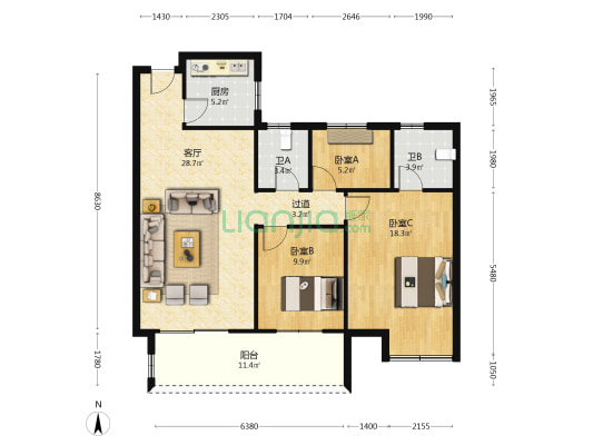 丰泽园 3室1厅2卫 106平方