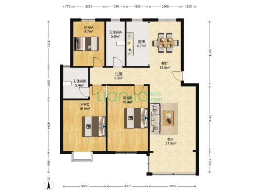 厍浜村联民新区 3室2厅2卫 124平方