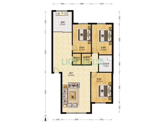 春柳河小区 3室1厅1卫 134平方