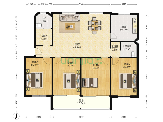 东华公寓 4室1厅2卫 146平方