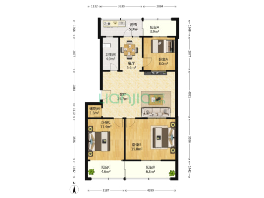 顺河路32号 3室2厅1卫 100平方
