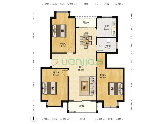 白领空间 3室1厅1卫 131平方