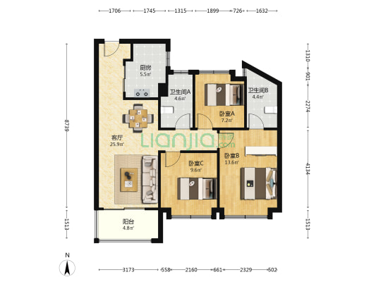 星瀚璟庭 3室1厅2卫 100平方