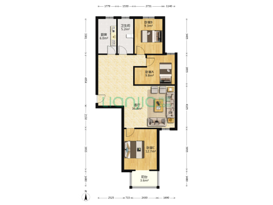 富景华庭 3室2厅 南 北-户型图