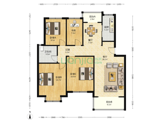 宜欣花园 4室2厅1卫 126平方