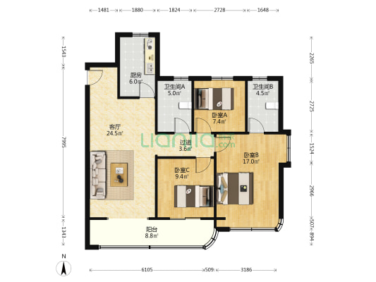 海信花街小镇一期二期 3室1厅2卫 125平方