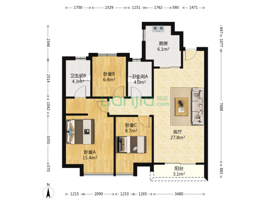 万科金色里程 3室1厅2卫 94平方