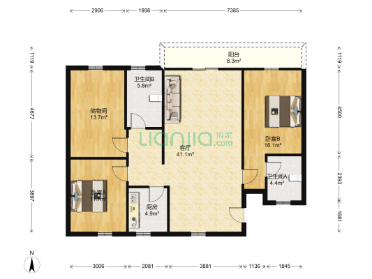 龙湖花园 2室1厅2卫 121平方