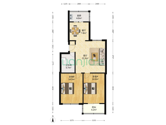 三府公寓 2室2厅1卫 91平方