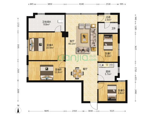 拓东大厦 4室1厅2卫 149平方
