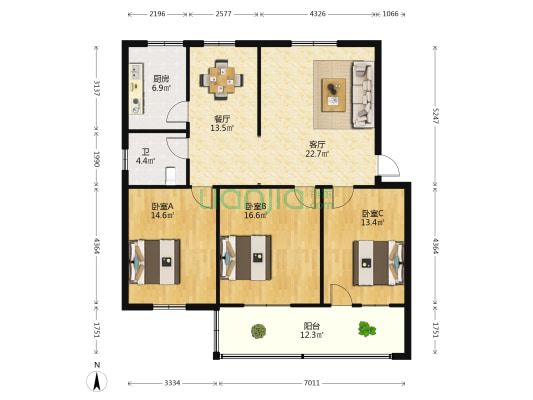 万里社区九六七六家属院 3室2厅1卫 116平方