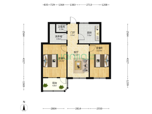 滏西胡同15号院 2室1厅2卫 68平方