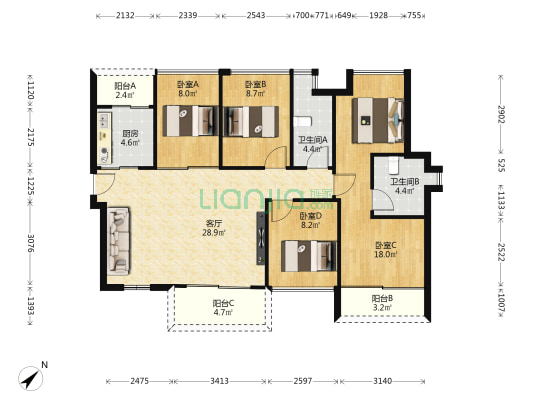 豪方东园 4室1厅2卫 117平方