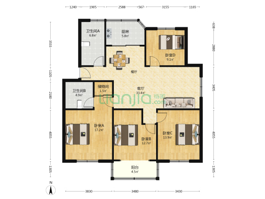 宝石二路7号 4室1厅2卫 128平方