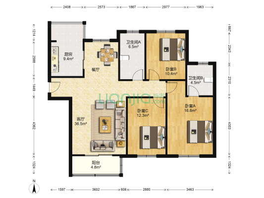 世茂东都天观 3室1厅2卫 137平方