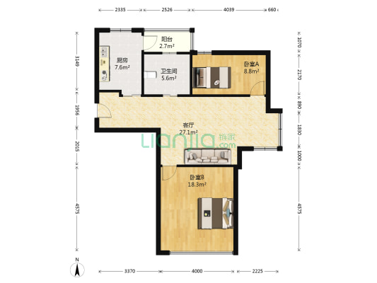 建屋芳洲 2室1厅1卫 107平方