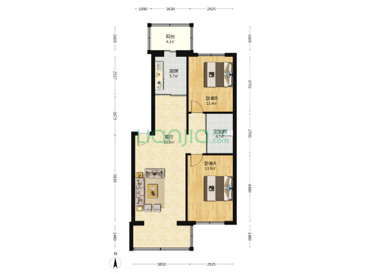 市医院宿舍 2室1厅1卫 90平方