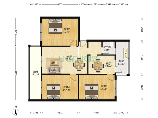 华新中街248号 3室2厅1卫 103平方