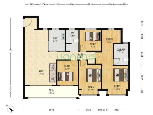 中铁龙湖宸阅府 4室1厅2卫 143平方