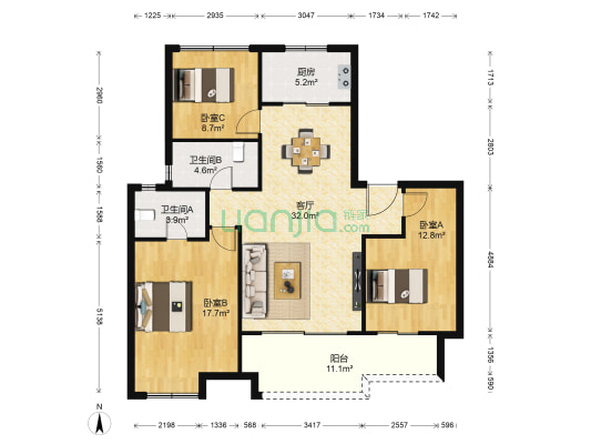 万科翡翠东第 3室1厅2卫 116平方