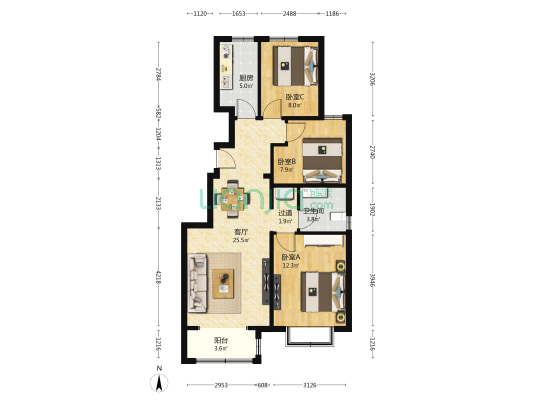 庙城路3号院 3室1厅1卫 93平方