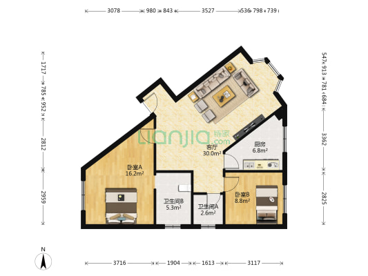 和平街199号 2室1厅2卫 85平方