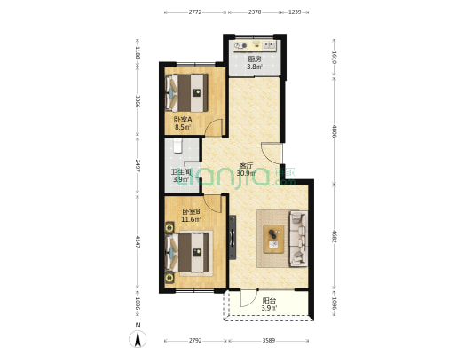 华宸名城 2室1厅1卫 78平方