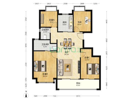 上坤云栖风华璟园 4室1厅2卫 117平方