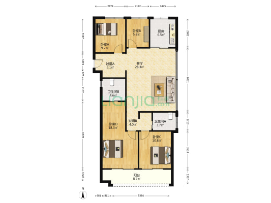 绿城潮听明月 4室1厅2卫 129平方
