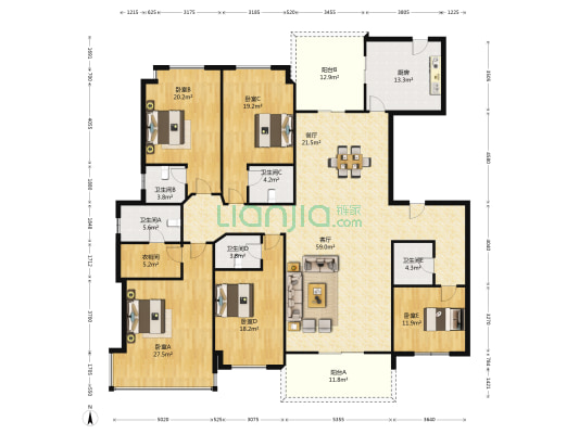 锦绣山河二期 5室2厅5卫 268平方