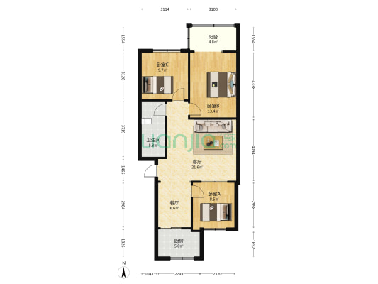 展新2号院 3室2厅1卫 90平方