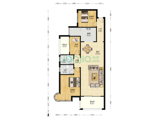 润和谷山郡 3室1厅2卫 122平方