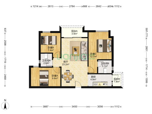 中骏云景台 3室1厅2卫 90平方