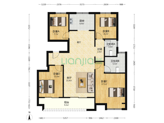 绿地湖语墅三期 4室1厅2卫 125平方