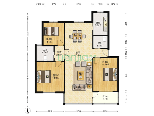 文馨园 3室1厅2卫 108平方