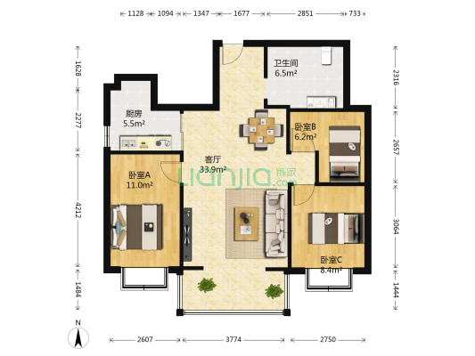世纪明珠 3室1厅1卫 86平方