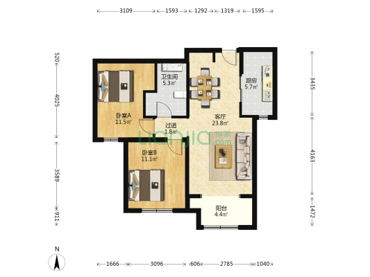 听竹院 2室1厅1卫 83平方