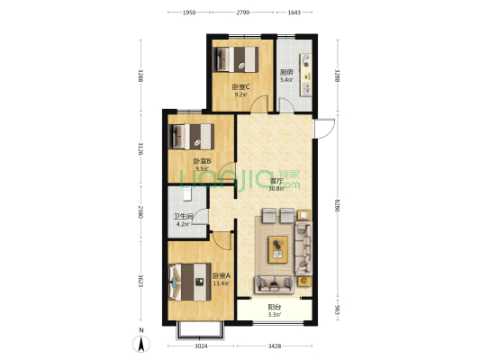 中国铁建·西府国际 3室1厅1卫 108平方