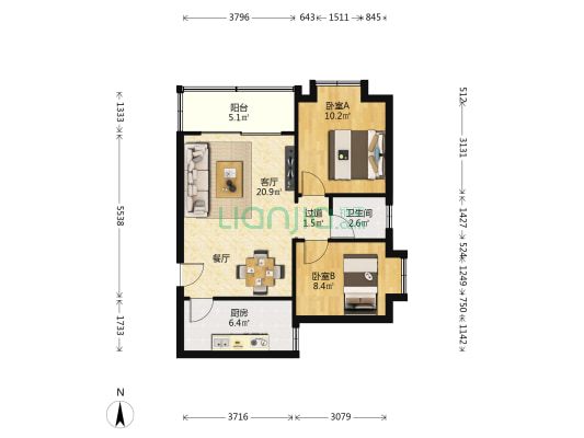 天诚花园 2室1厅1卫 63平方
