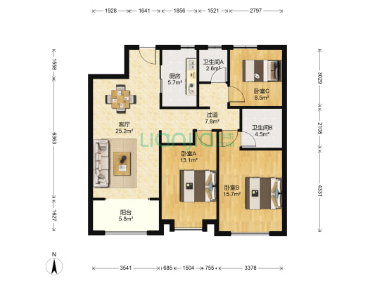 3室1厅2卫 110平方户型图根据链家网调查数据显示,上月成交套,本网