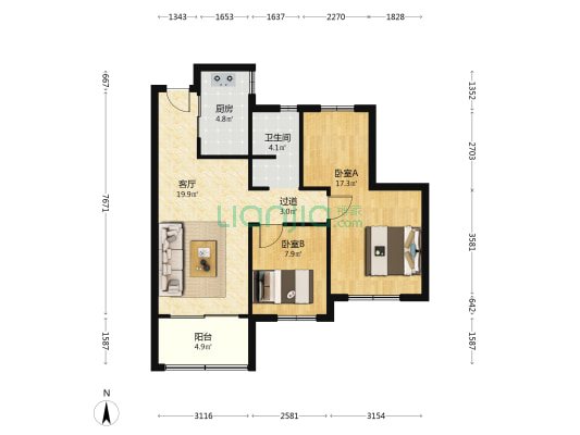 花港鸿福城叠水园 2室1厅1卫 86平方