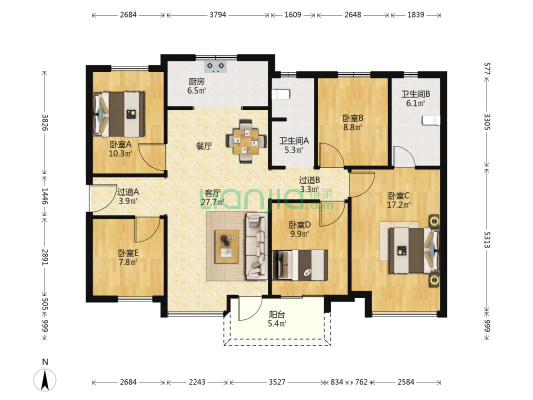 枫华金明府一期 5室1厅2卫 134平方