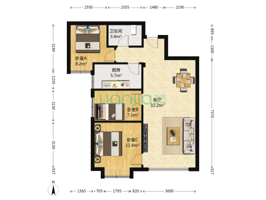 天昱凤凰城B区 3室1厅1卫 93平方